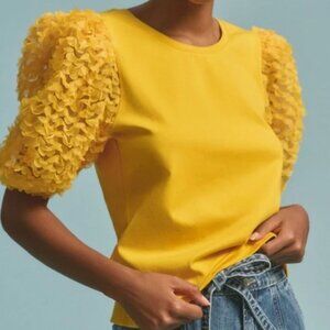 Anthropologie Flat White Yellow Ruffled Sleeve Top, Size SP
